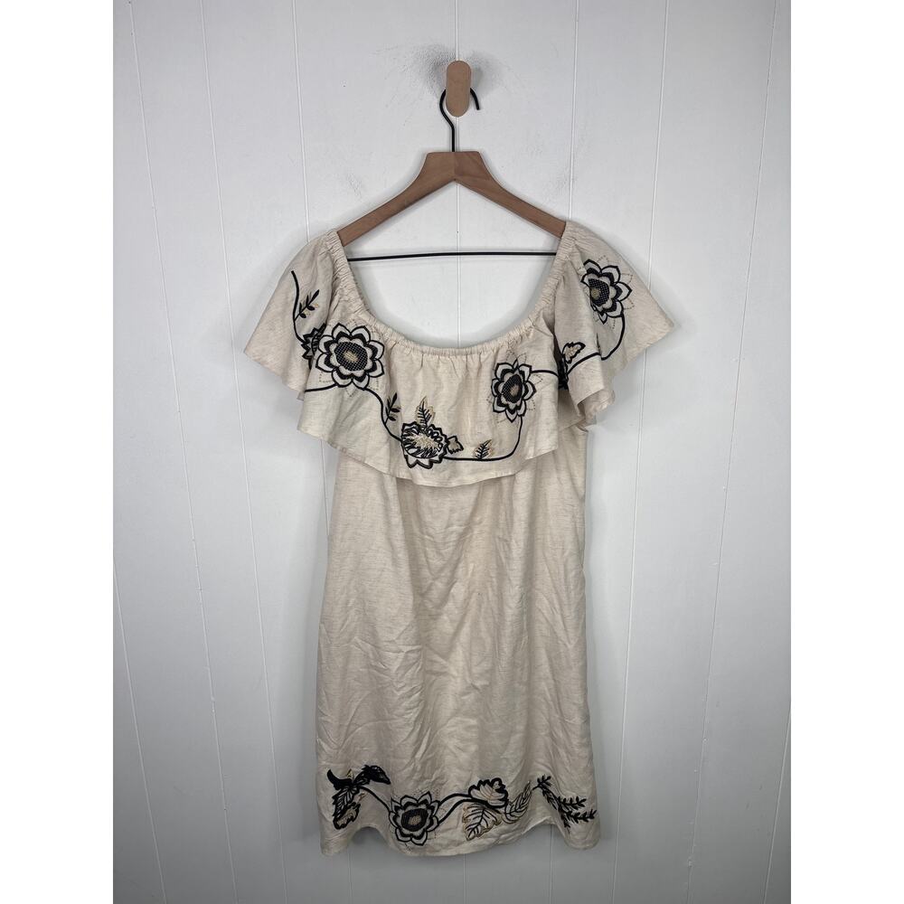 Boston Proper Linen Floral Embroidered Off Shoulder Shift Dress XL Flax Cream - Picture 10 of 10
